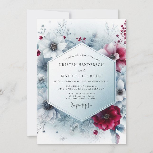 Invitación Boda Flor de Invierno Burgundy Profundo (Anverso)