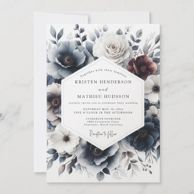 Invitación Boda Flor de Invierno Índigo (Anverso)