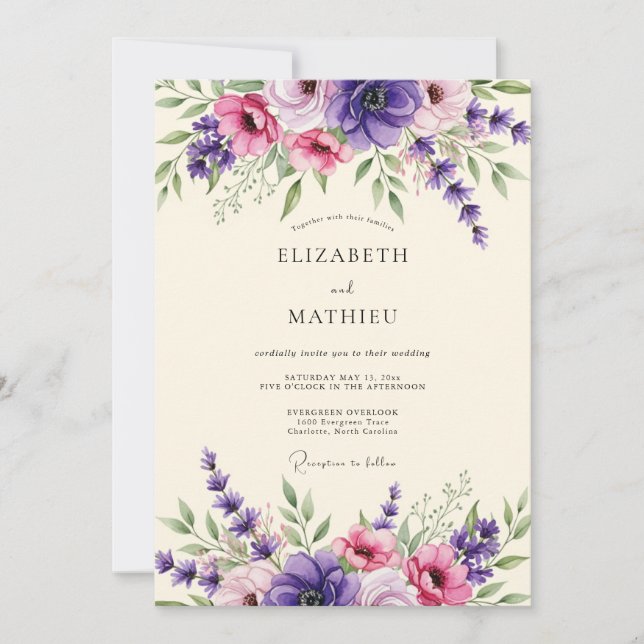Invitación Boda Flor de Lavanda Amatista (Anverso)
