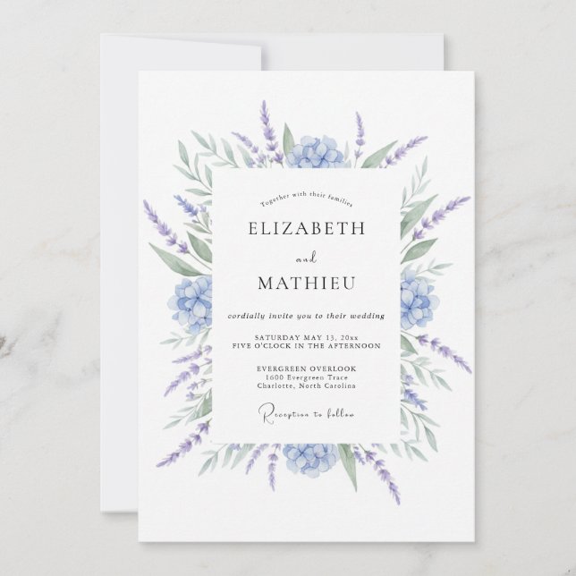 Invitación Boda Flor de Lavanda Azul Polvoriento (Anverso)