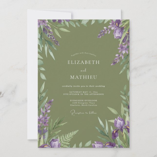 Invitación Boda Flor de Lavanda Verde (Anverso)