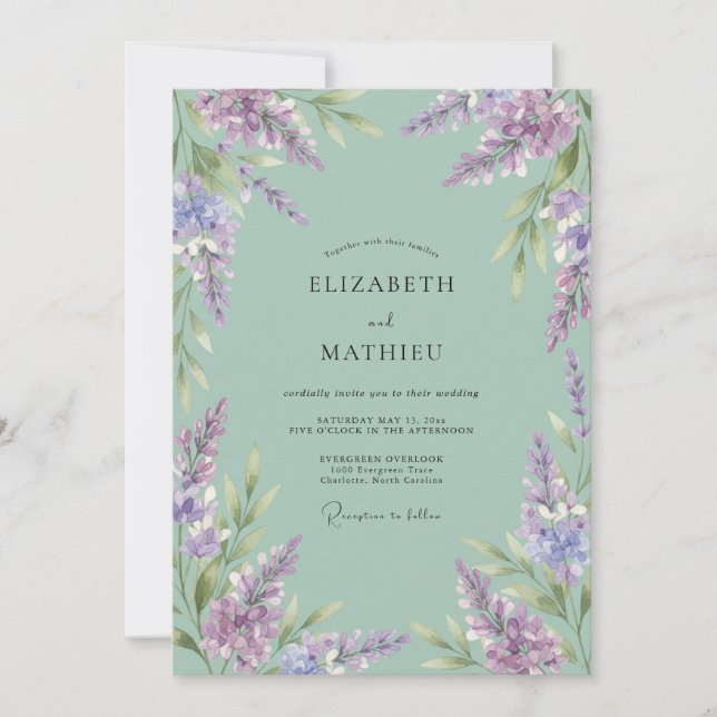 Invitación Boda Flor de Lavanda Verde Salvia (Anverso)