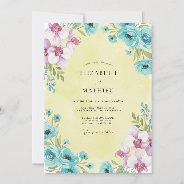 Invitación Boda Flor de Lila Acuática (Anverso)