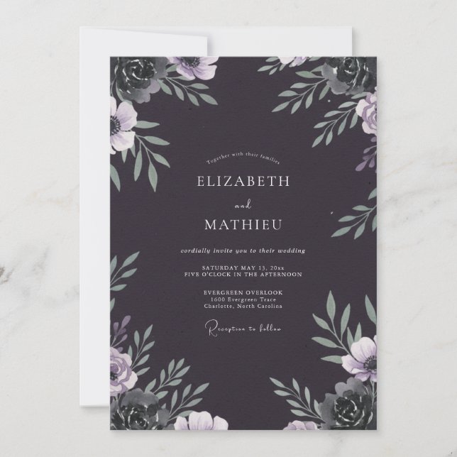 Invitación Boda Flor de Lila Carbón (Anverso)