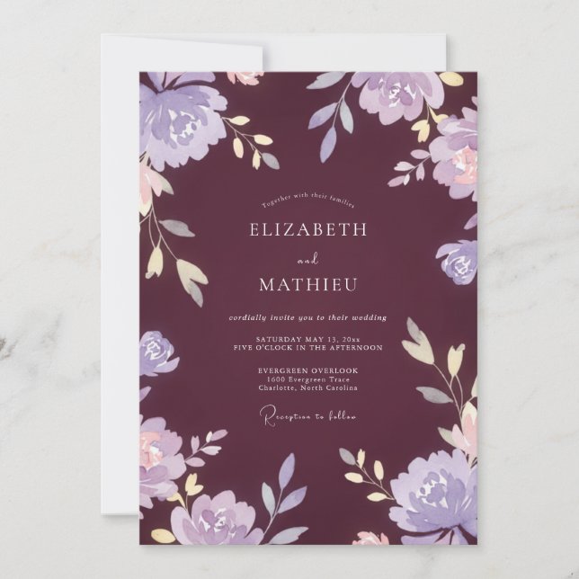 Invitación Boda Flor de Lila Ciruela (Anverso)