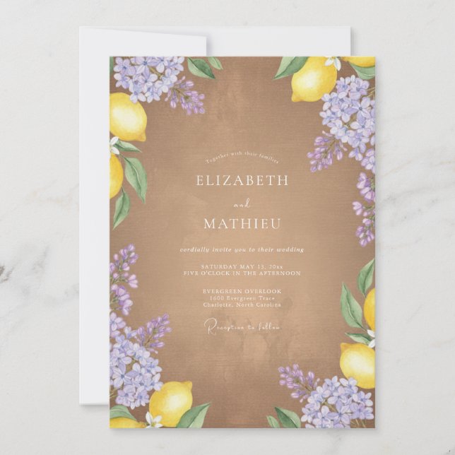 Invitación Boda Flor de Lila Limón Rústica (Anverso)