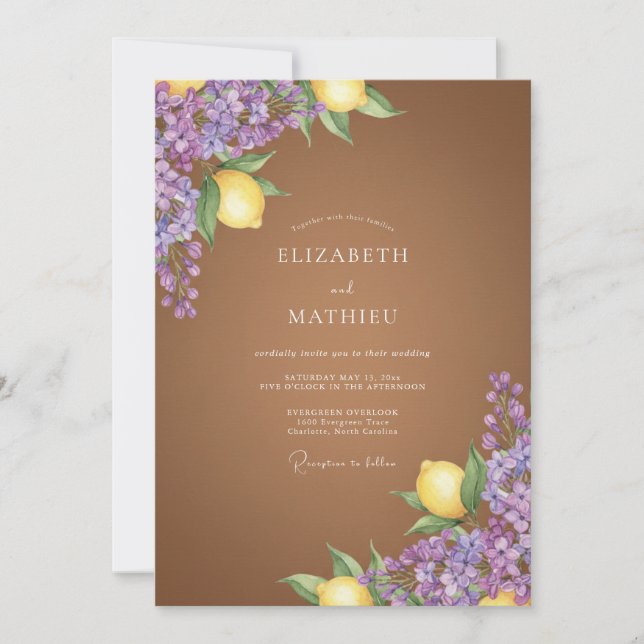 Invitación Boda Flor de Lila Marrón Limón (Anverso)