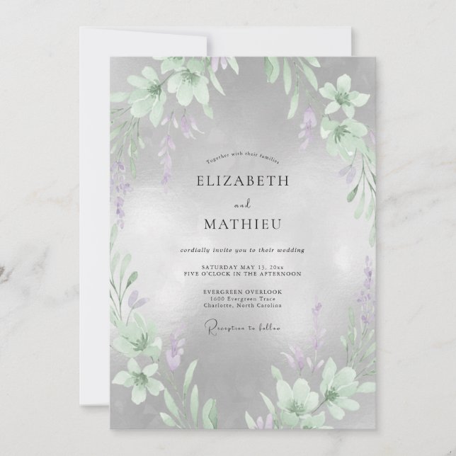 Invitación Boda Flor de Lila Plateada (Anverso)