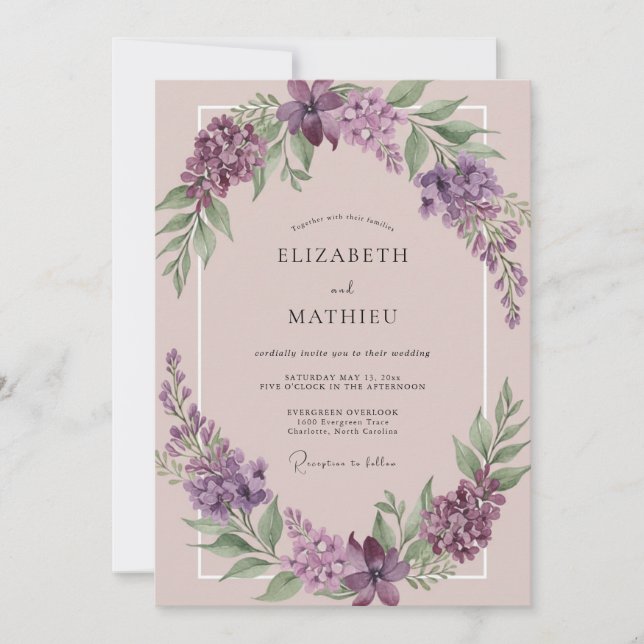 Invitación Boda Flor de Lila Rubor (Anverso)