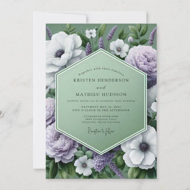 Invitación Boda Flor de Lila Verde (Anverso)