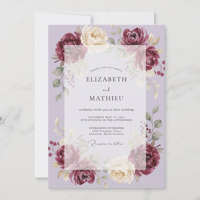 Invitación Boda Flor de Lila Vino (Anverso)