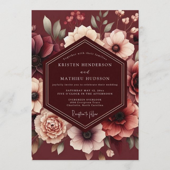 Invitación Boda Flor de Luto Granate (Anverso)
