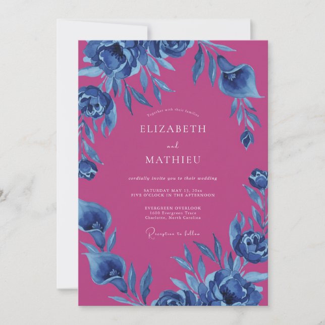 Invitación Boda Flor de Magenta Índigo (Anverso)