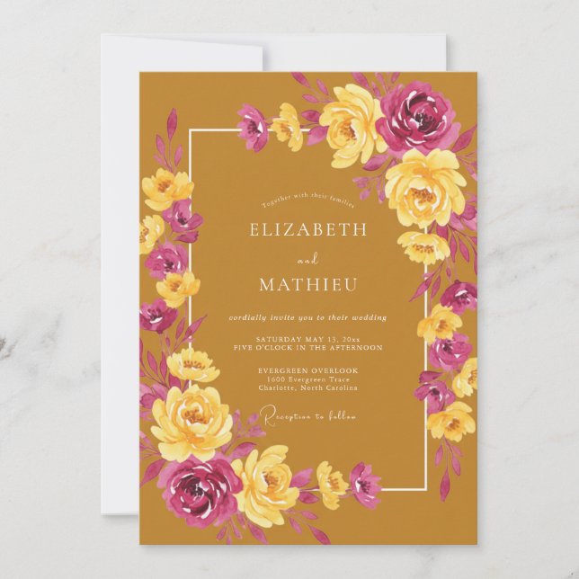 Invitación Boda Flor de Magenta Ocra (Anverso)