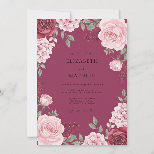Invitación Boda Flor de Magenta Profundo (Anverso)