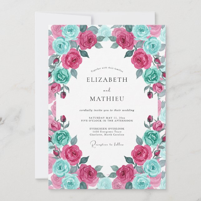 Invitación Boda Flor de Magenta Turquesa (Anverso)