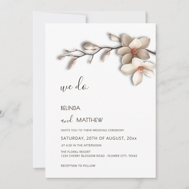 Invitación Boda Flor de Magnolia 3D Blanco Marfil (Anverso)
