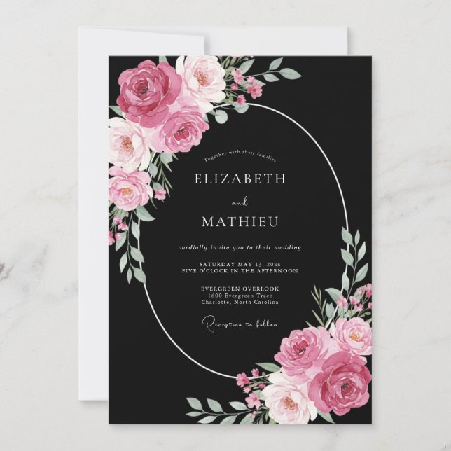 Invitación Boda Flor de Malva Negro (Anverso)