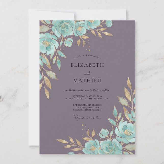 Invitación Boda Flor de Malva Teal (Anverso)
