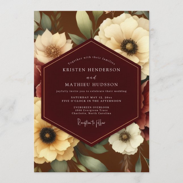 Invitación Boda Flor de Marfil Borgoña (Anverso)