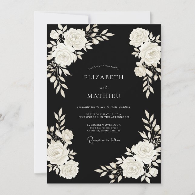 Invitación Boda Flor de Marfil Negro (Anverso)