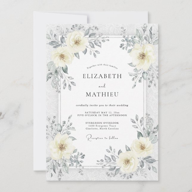 Invitación Boda Flor de Marfil Plateado (Anverso)