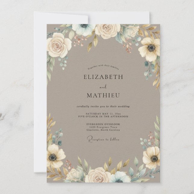 Invitación Boda Flor de Marfil Taupe (Anverso)