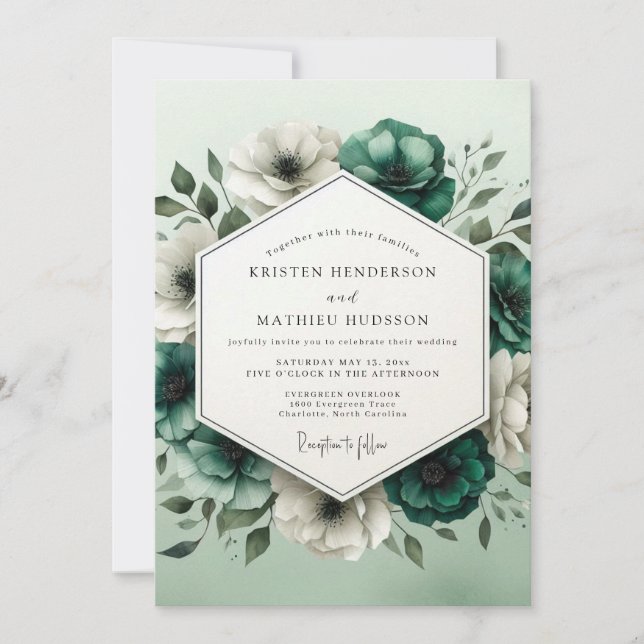 Invitación Boda Flor de Marfil Verde Teal (Anverso)