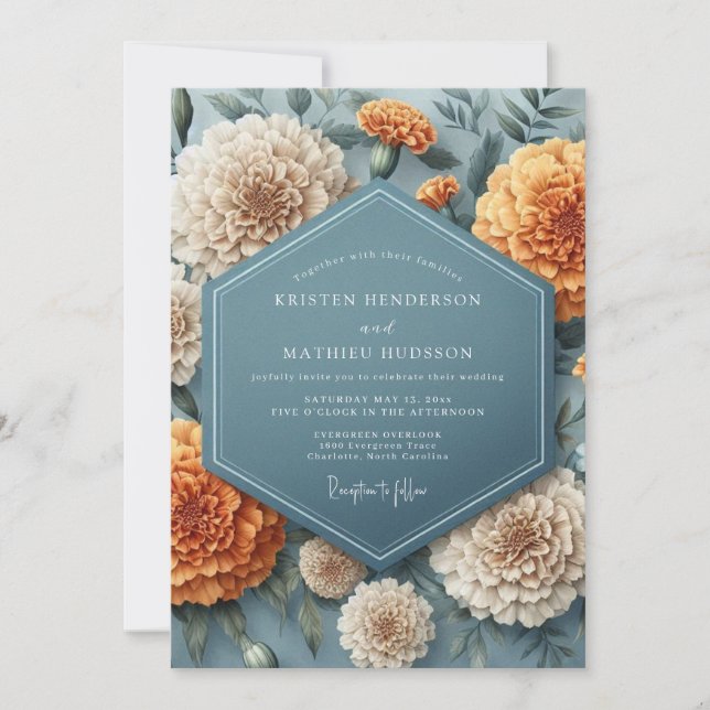 Invitación Boda Flor de Marigold Azul Pizarra (Anverso)