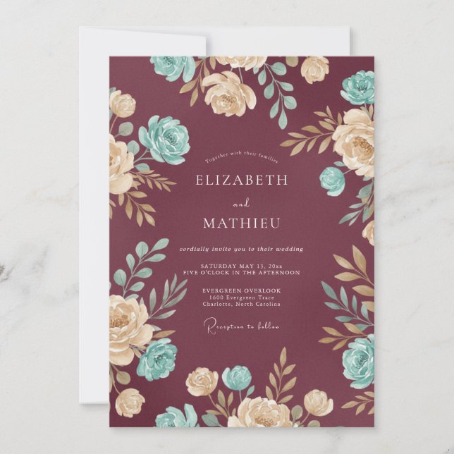 Invitación Boda Flor de Mauve Aqua (Anverso)