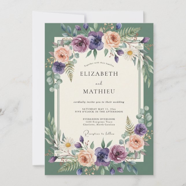 Invitación Boda Flor de Mauve Esmeralda (Anverso)
