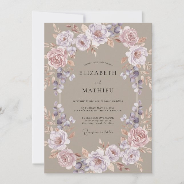 Invitación Boda Flor de Mauve Etéreo (Anverso)