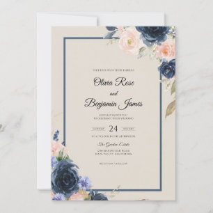 Invitación Boda Flor de Melocotón Azul Marino