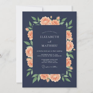 Invitación Boda Flor de Melocotón Azul Marino