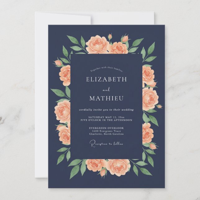 Invitación Boda Flor de Melocotón Azul Marino (Anverso)