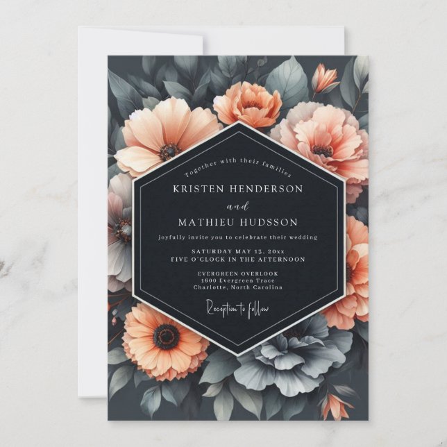Invitación Boda Flor de Melocotón Carbón (Anverso)