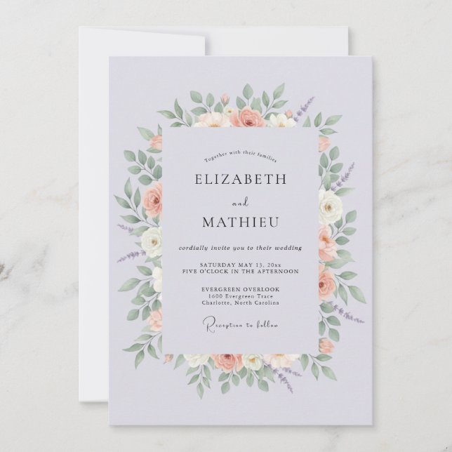Invitación Boda Flor de Melocotón Lavanda (Anverso)
