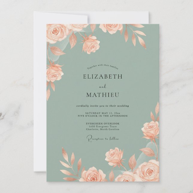 Invitación Boda Flor de Melocotón Sage (Anverso)