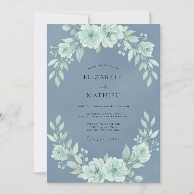 Invitación Boda Flor de Menta Azul (Anverso)