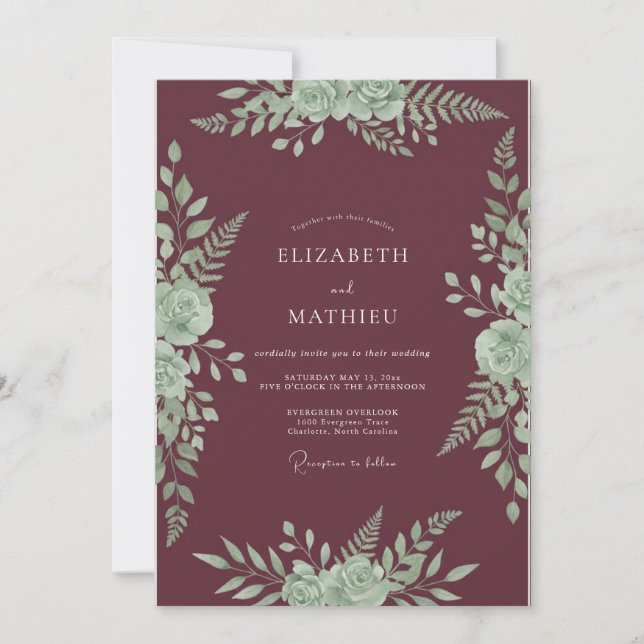 Invitación Boda Flor de Menta Borgoña (Anverso)