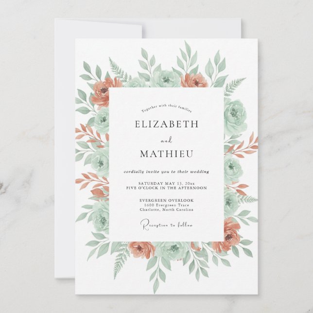 Invitación Boda Flor de Menta Coral (Anverso)