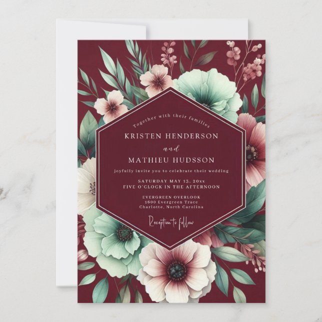Invitación Boda Flor de Menta Granate Poética (Anverso)