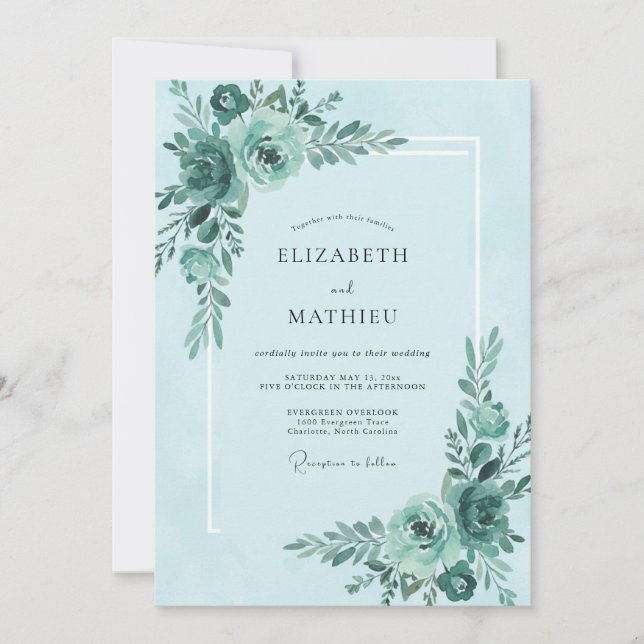 Invitación Boda Flor de Menta Verde Azulada (Anverso)