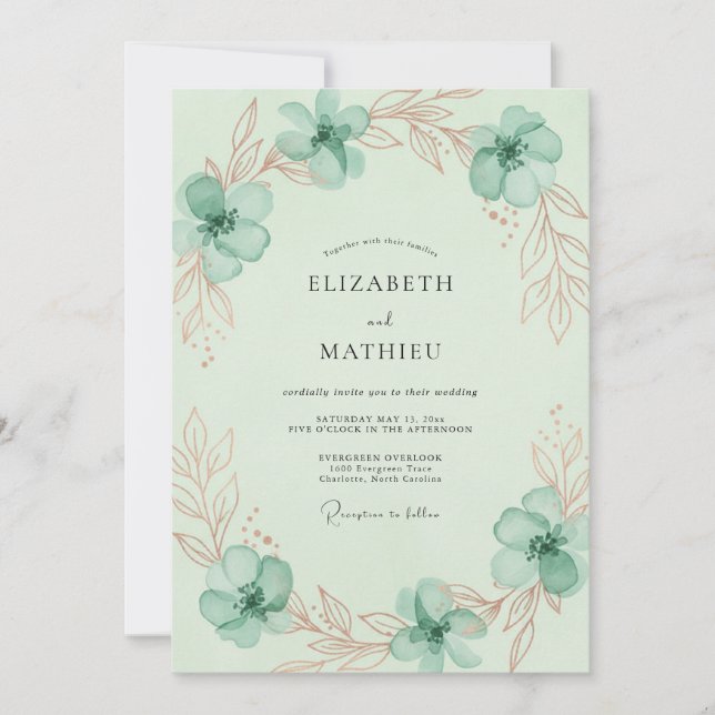 Invitación Boda Flor de Menta y Cobre (Anverso)
