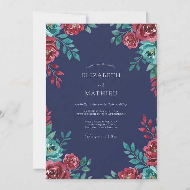 Invitación Boda Flor de Merlot Índigo (Anverso)