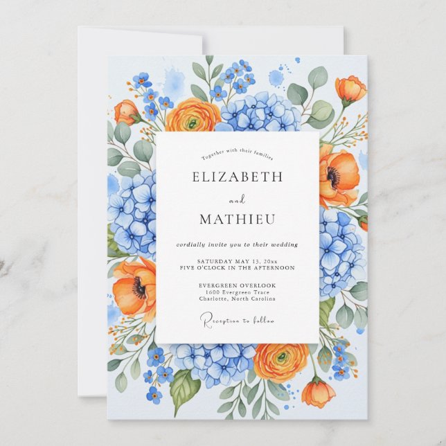 Invitación Boda Flor de Naranja Azul Verde (Anverso)