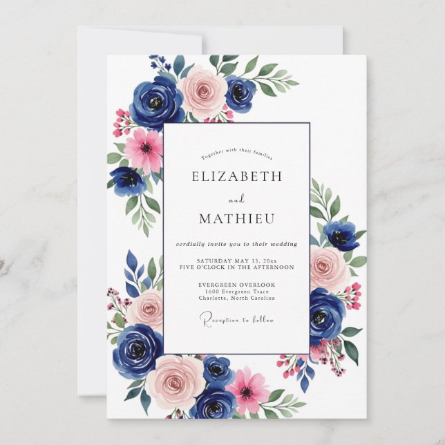 Invitación Boda Flor de Navy Rosa (Anverso)