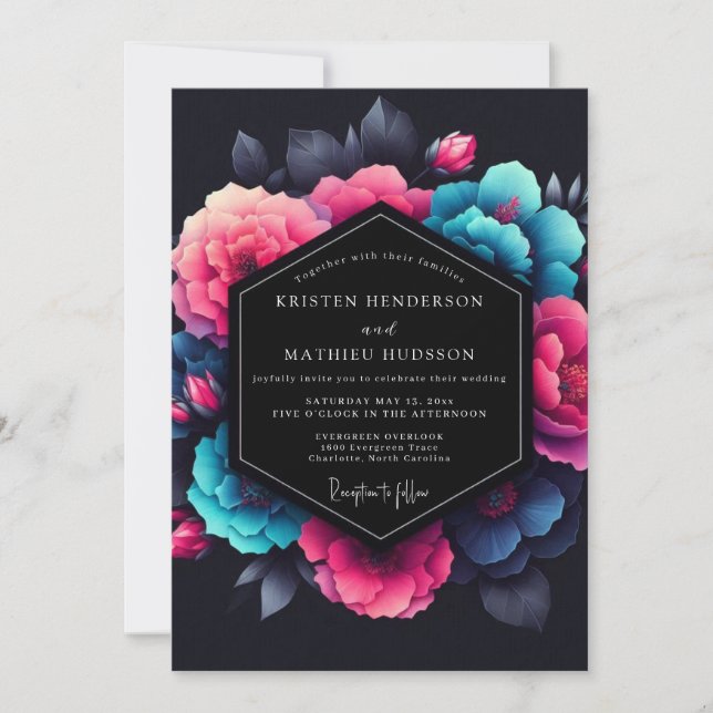 Invitación Boda Flor de Neon Fuchsia (Anverso)