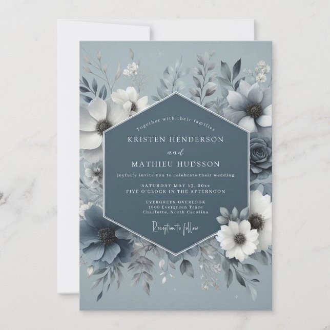 Invitación Boda Flor de Nieve Azul Acero (Anverso)