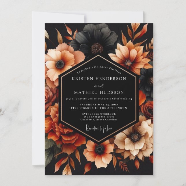 Invitación Boda Flor de Noir Naranja Quemada (Anverso)